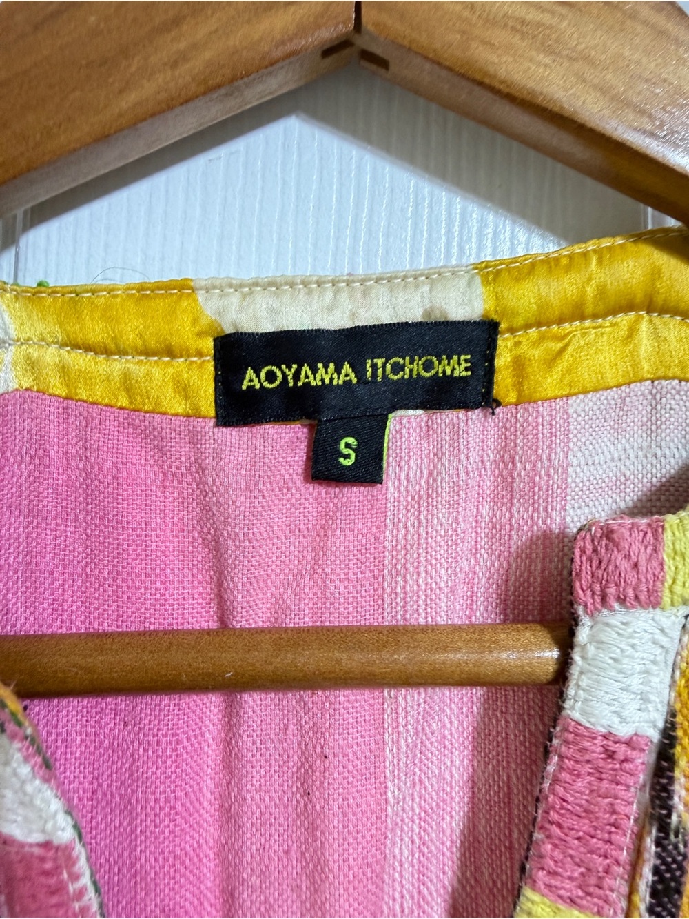 Aoyama Itchome silk cotton boho patchwork colorful geo Aztec pink yellow dress S - Picture 4 of 6